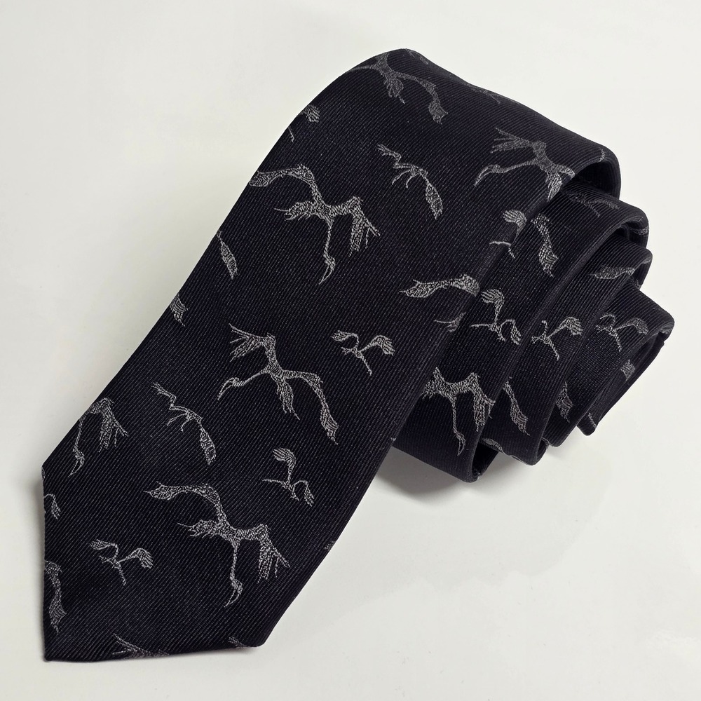 Theory Silk Bird Print Necktie Mens Black Heron Crane Dark Academic Gothic Edy